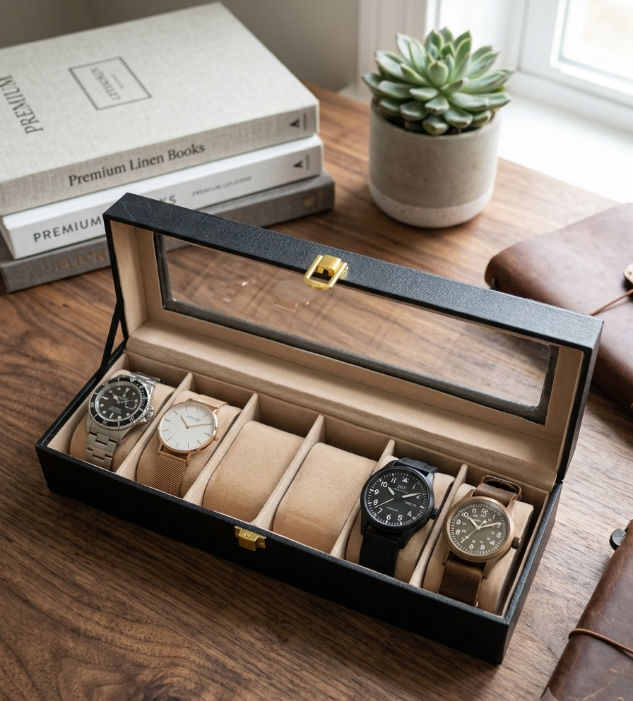 6-Slot Luxury Watch Storage Box with Glass Display Lid | Premium Watch Organizer Case