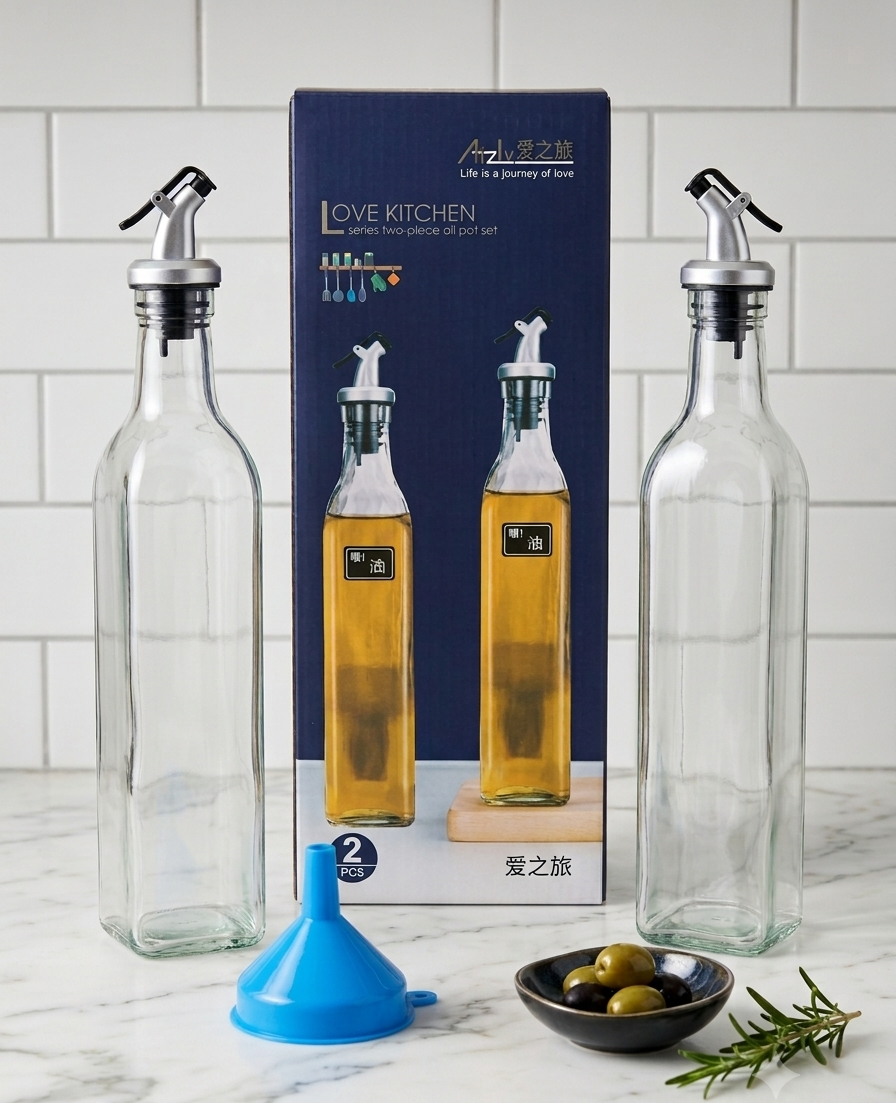 2-Piece Glass Oil & Vinegar Dispenser Bottle Set with Drip-Free Pour Spouts