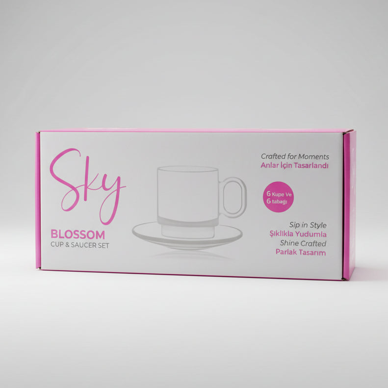 Sky Blossom Cup & Saucer Set – 12 Piece (6 Cups & 6 Saucers)