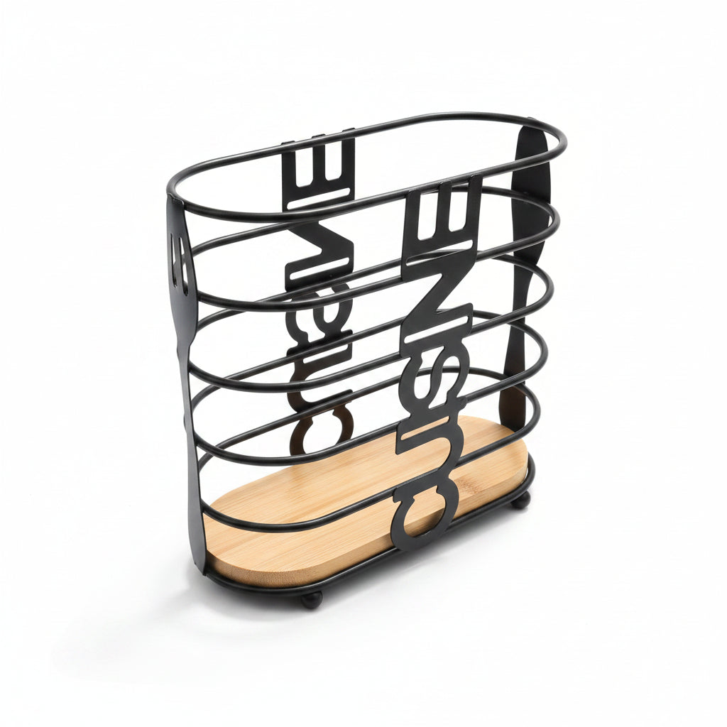 Black Wire Utensil Holder with Wooden Base