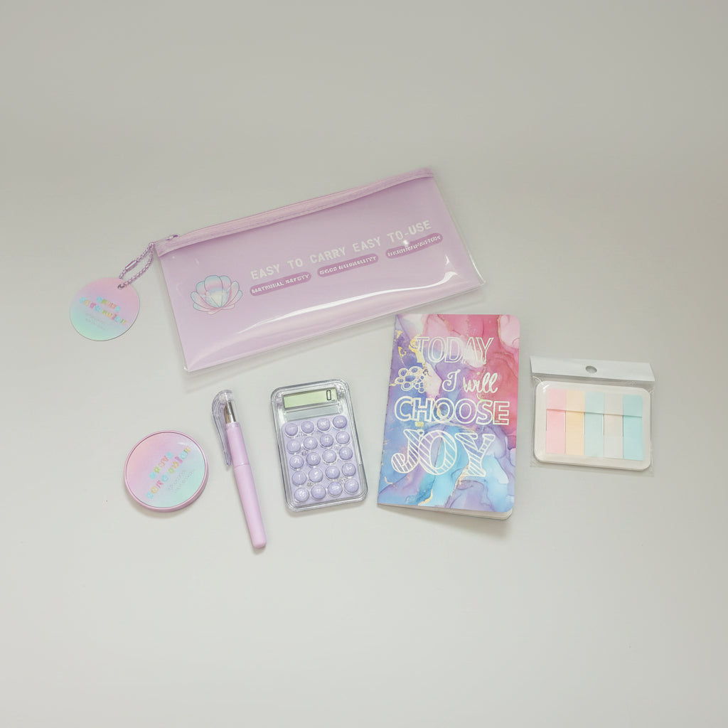 Pastel Stationery Gift Set – Pouch, Notebook, Calculator, Pen & Sticky Notes