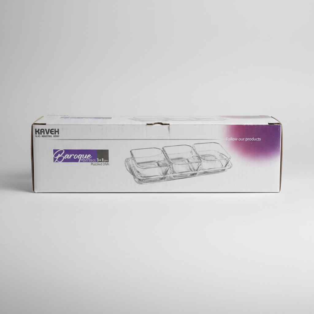 Kaveh Baroque 4-Piece Clear Glass Divided Serving Dish Set (3+1 Pcs)
