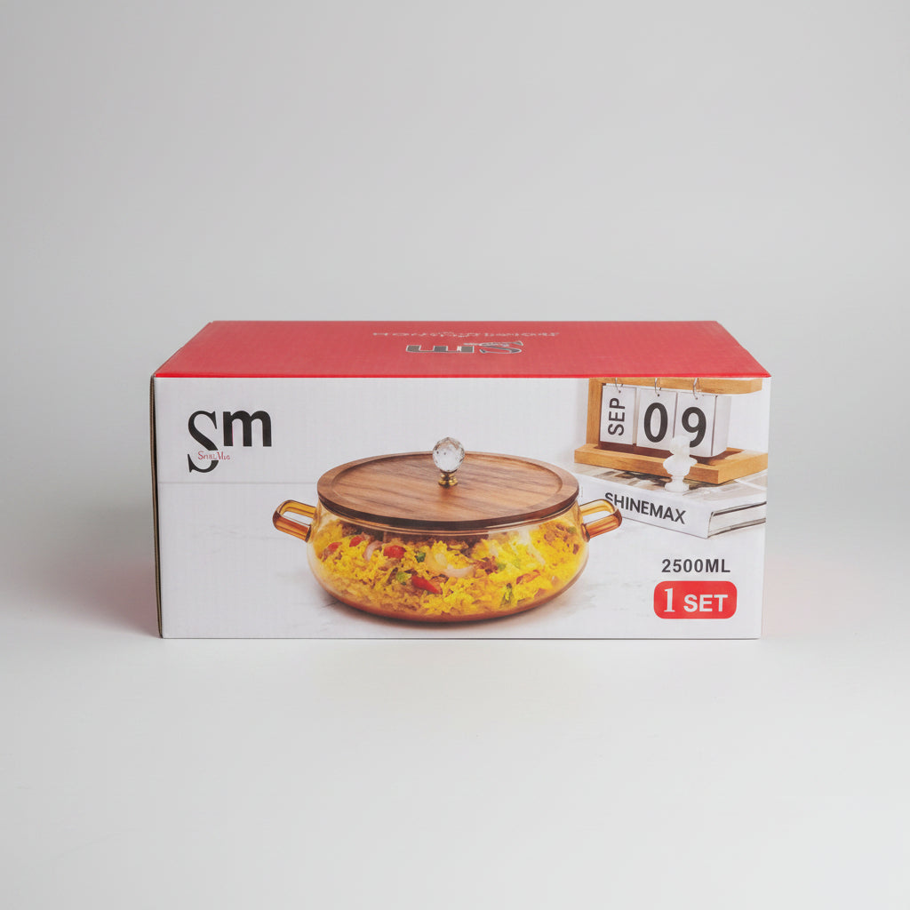 Shinemax (SM) 2500ml Glass Casserole Serving Dish with Wooden Lid & Crystal Knob