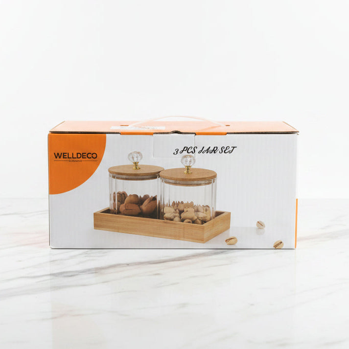 2-Piece Glass Storage Jar Set with Wooden Tray & Airtight Wooden Lids | Kitchen Counter Organizer