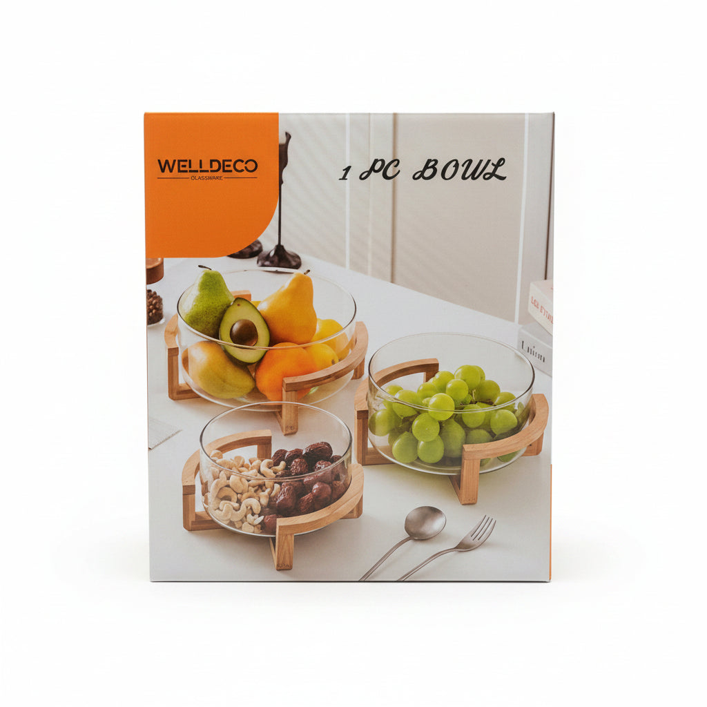 Premium Glass Serving Bowl with Wooden Stand For Fruit & Salad