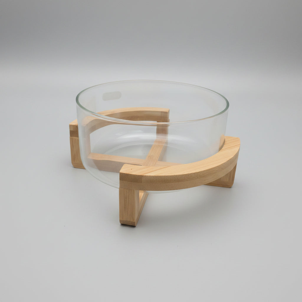 Premium Glass Serving Bowl with Wooden Stand For Fruit & Salad