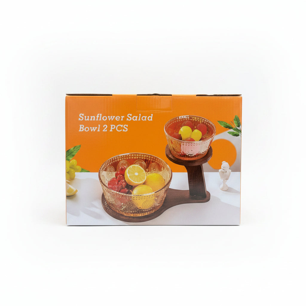2 PCS Sunflower Salad Bowl Set with Wooden Stand | Premium Serving Bowls
