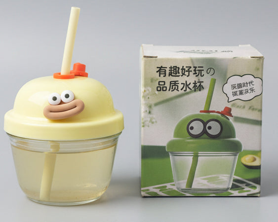 Cute Cartoon Glass Water Cup with Straw