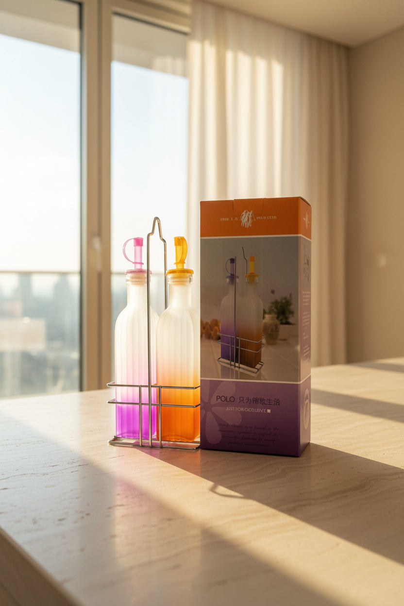 Elegant Glass Oil Dispenser Bottles with Stainless Steel Holder
