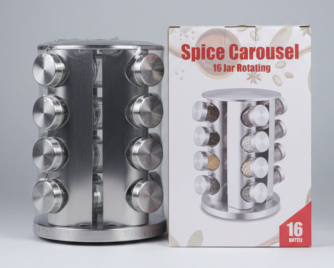 16-Jar Rotating Spice Rack Carousel with Stainless Steel Stand