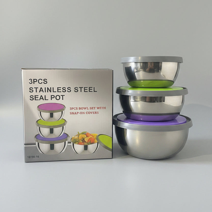 3-Piece Stainless Steel Food Storage Bowl Set with Airtight Lids