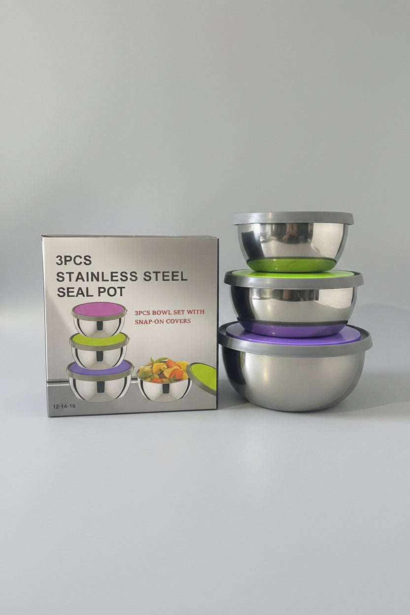 3-Piece Stainless Steel Food Storage Bowl Set with Airtight Lids