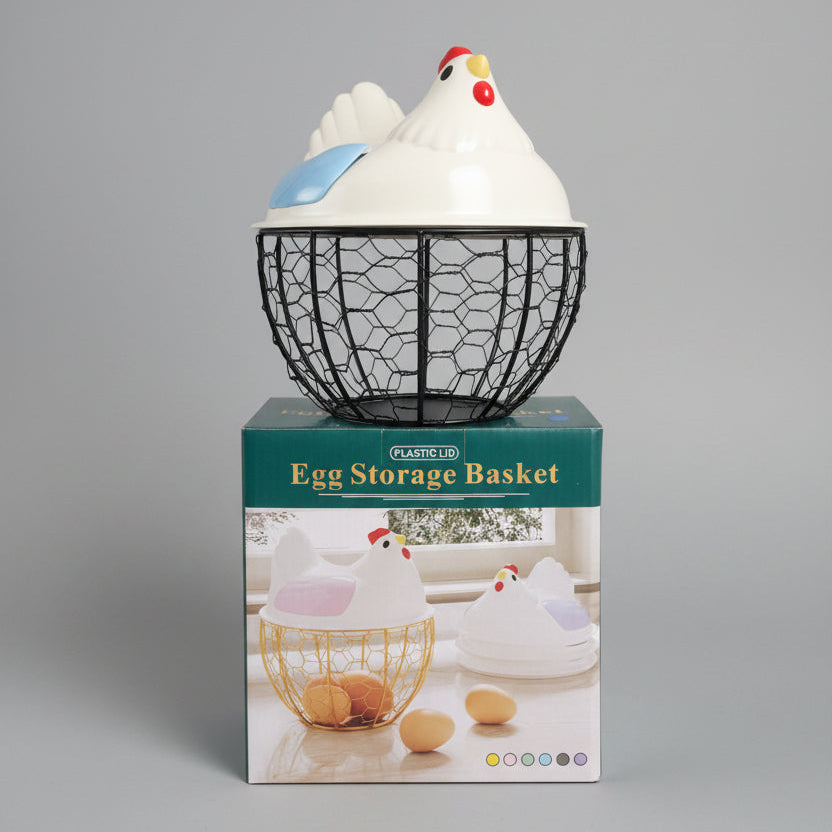 Chicken Shape Egg Storage Basket with Plastic Lid | Metal Wire Egg Holder | Kitchen Counter Egg Organizer
