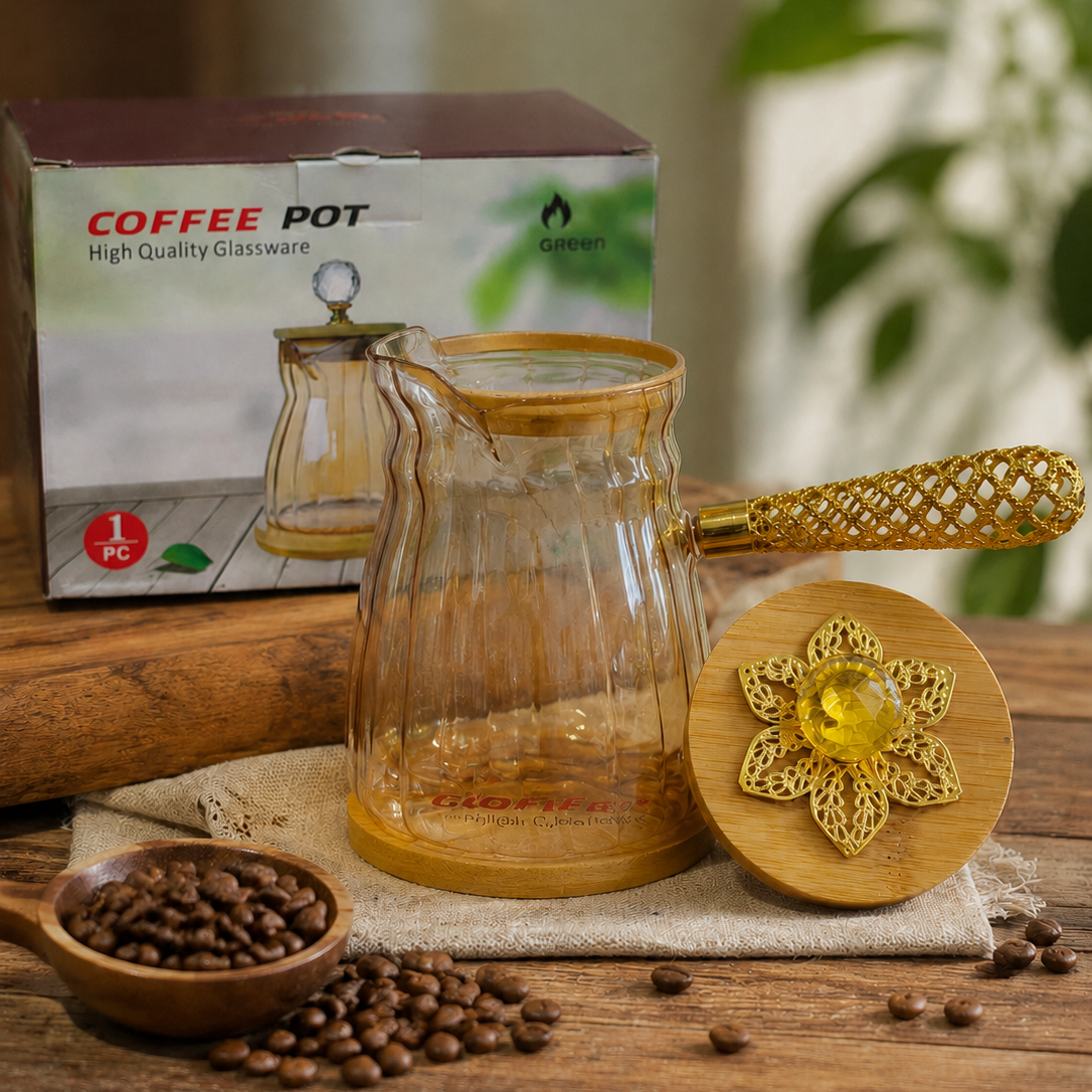 Luxury Borosilicate Glass Coffee Pot with Wooden Base & Crystal Lid