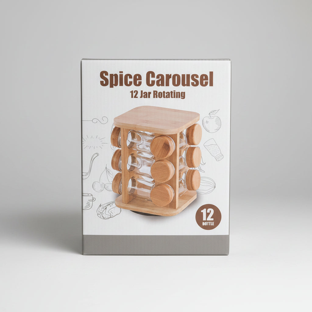 12-Jar Rotating Bamboo Spice Carousel & Glass Jar Organizer