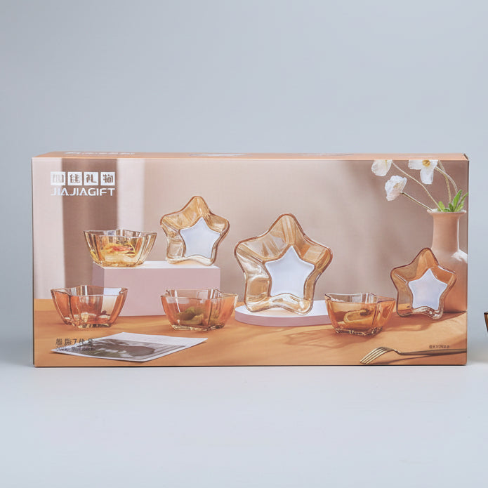 Jiajia Gift 7-Piece Amber Star-Shaped Glass Bowl & Plate Serving Set