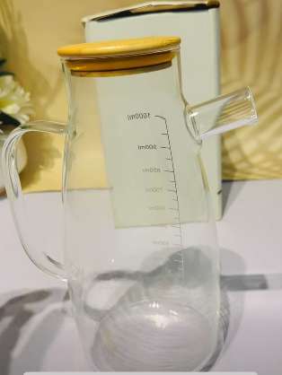 GLASS OIL JUG WITH WOODEN LID