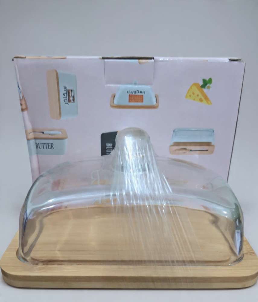 ACRYLIC BUTTER DISH WITH WOODEN TRAY