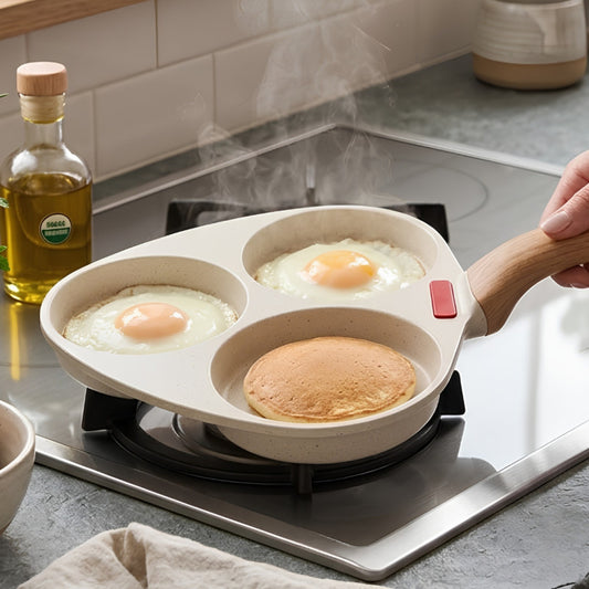 3-Hole Non-Stick Breakfast Frying Pan with Wooden Handle