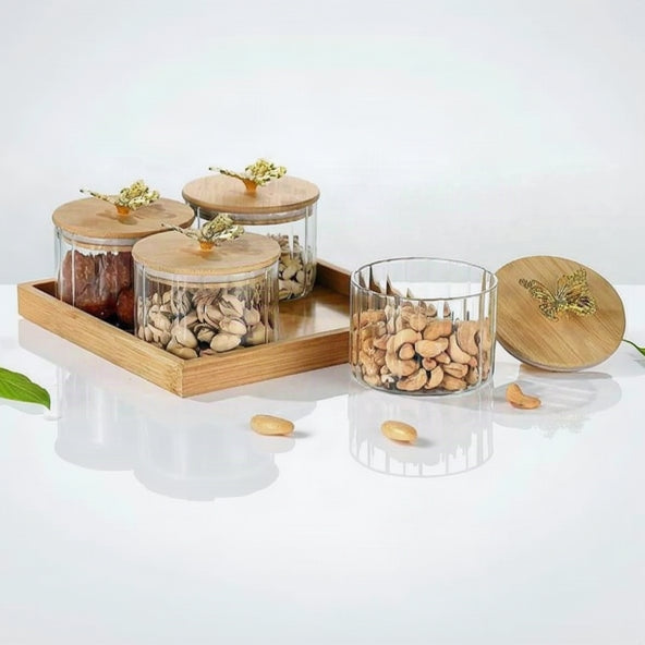 Echou 5-Piece High Borosilicate Glass Jar Set with Wooden Tray & Golden Butterfly Lids