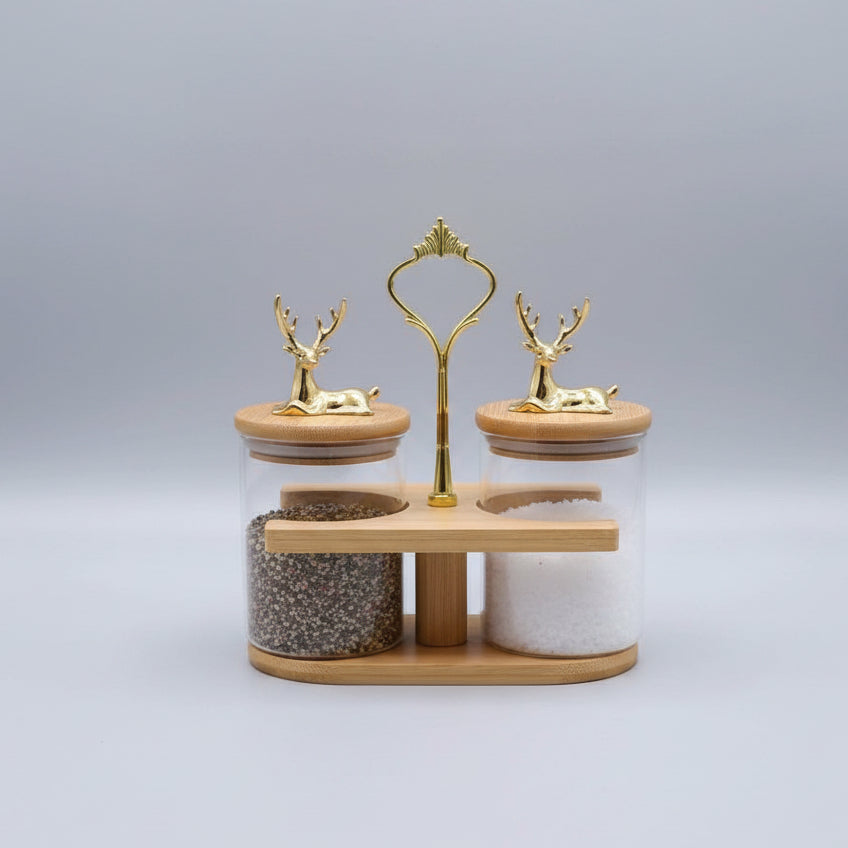 Luxury 2-Piece Glass Seasoning Jar Set with Wooden Stand & Golden Deer Accent