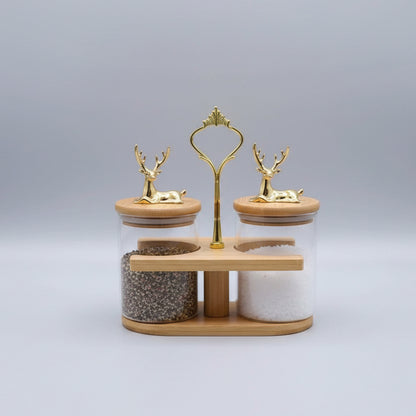 Luxury 2-Piece Glass Seasoning Jar Set with Wooden Stand & Golden Deer Accent