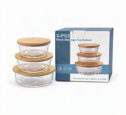 3-Pcs Round Glass Food Storage Container Set with Wooden Lids