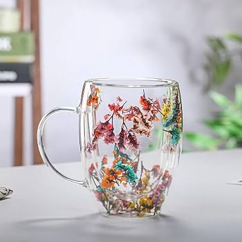 Double-Wall Glass Mug with Floating Flower Petals & Pastel Sprinkles