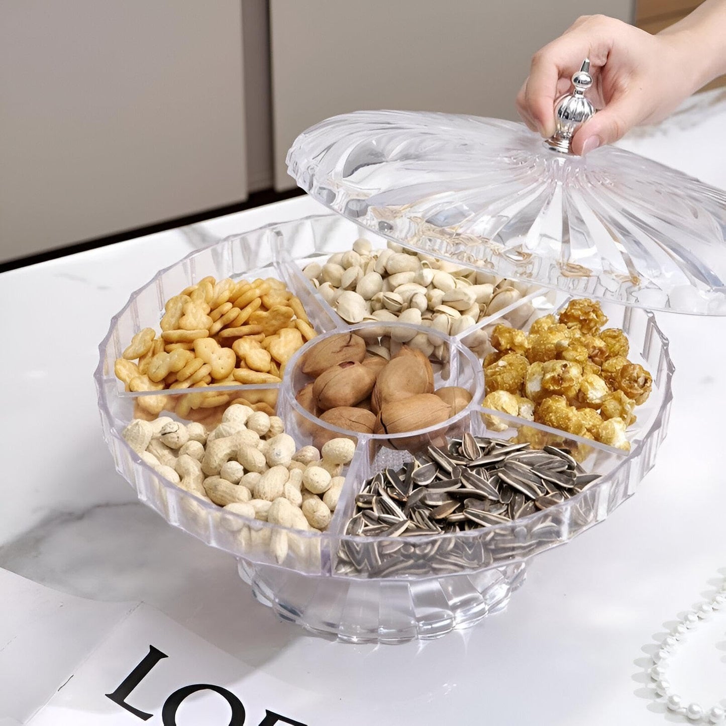Deluxe Multi-Compartment Acrylic Candy & Dry Fruit Box with Lid & Pedestal Base