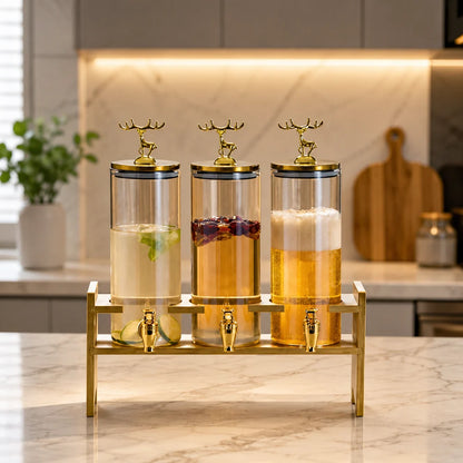 10 Pcs Glass Drink Dispenser Set with Wooden Stand & Golden Deer Tops