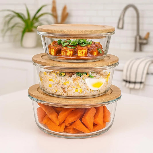 3-Pcs Round Glass Food Storage Container Set with Wooden Lids
