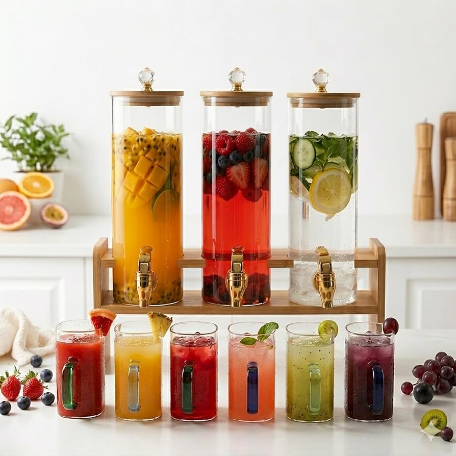 10 Pcs Glass Drink Dispenser Set with Wooden Stand & Golden Deer Tops
