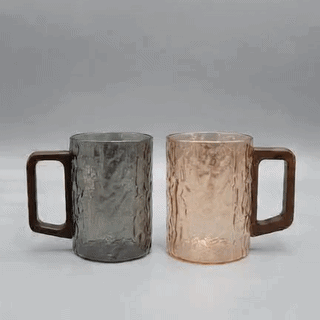 Textured Glass Coffee Mug with Wooden Handle (Smoky Black & Amber Gold)