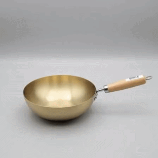 Korean Style Golden Stainless Steel Wok Pan with Wooden Handle