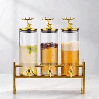 10 Pcs Glass Drink Dispenser Set with Wooden Stand & Golden Deer Tops
