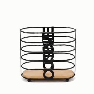 Black Wire Utensil Holder with Wooden Base