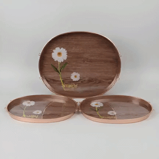 Rose Gold Oval Serving Tray Set with Daisy Wood-Print Design – 3 Pieces