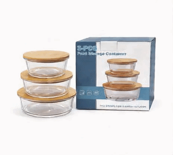 3-Pcs Round Glass Food Storage Container Set with Wooden Lids