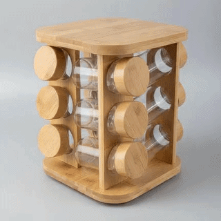 12-Jar Rotating Bamboo Spice Carousel & Glass Jar Organizer