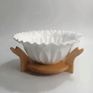 Ceramic Fruit Bowl with Wooden Stand Base – Fluted Lotus Design