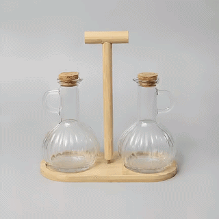 Glass Beak Oil Dispenser Set with Bamboo Stand – 2 Pcs