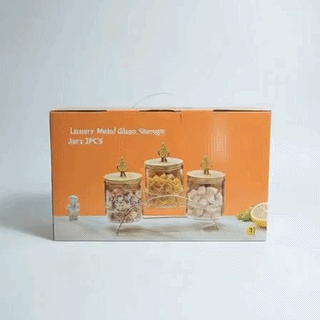 Luxury 3-Piece Glass Storage Jar Set with Gold Rack & Wooden Lids