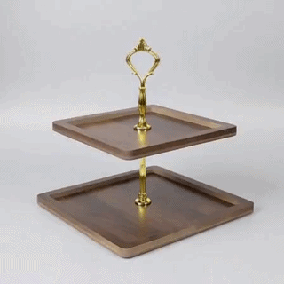 2-Tier Wooden Serving Tray with Gold Crown Handle