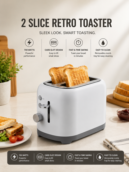 2 Slice Retro Toaster TS-416 | 700W Electric Bread Toaster with Adjustable Browning Control