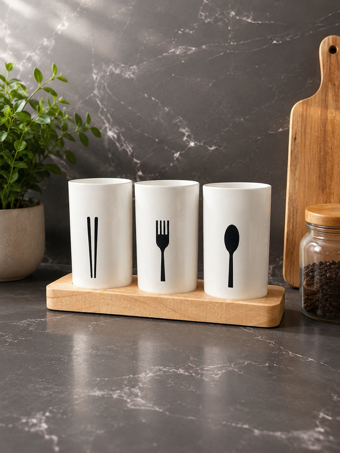 Tableware Storage Box with Wooden Base | 3-Piece Kitchen Utensil Holder Organizer