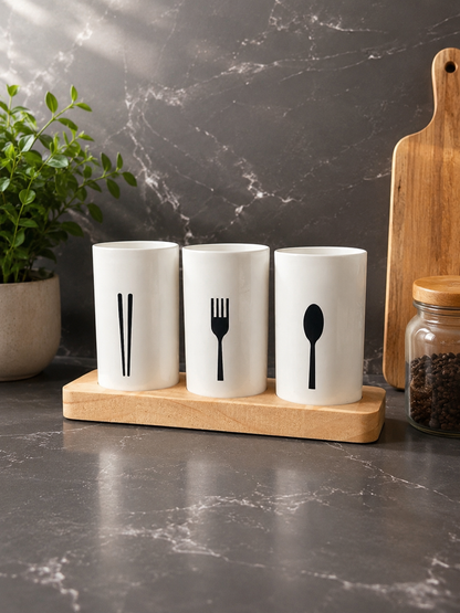 Tableware Storage Box with Wooden Base | 3-Piece Kitchen Utensil Holder Organizer