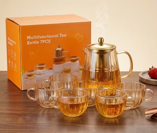 7-Piece Luxury Glass Tea Set with Stainless Steel Infuser | Teapot & 6 Cups