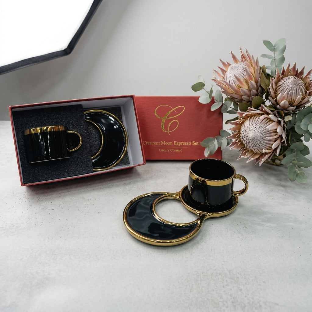 Elegant Ceramic Espresso Cup & Crescent Saucer Set with Gold Trim