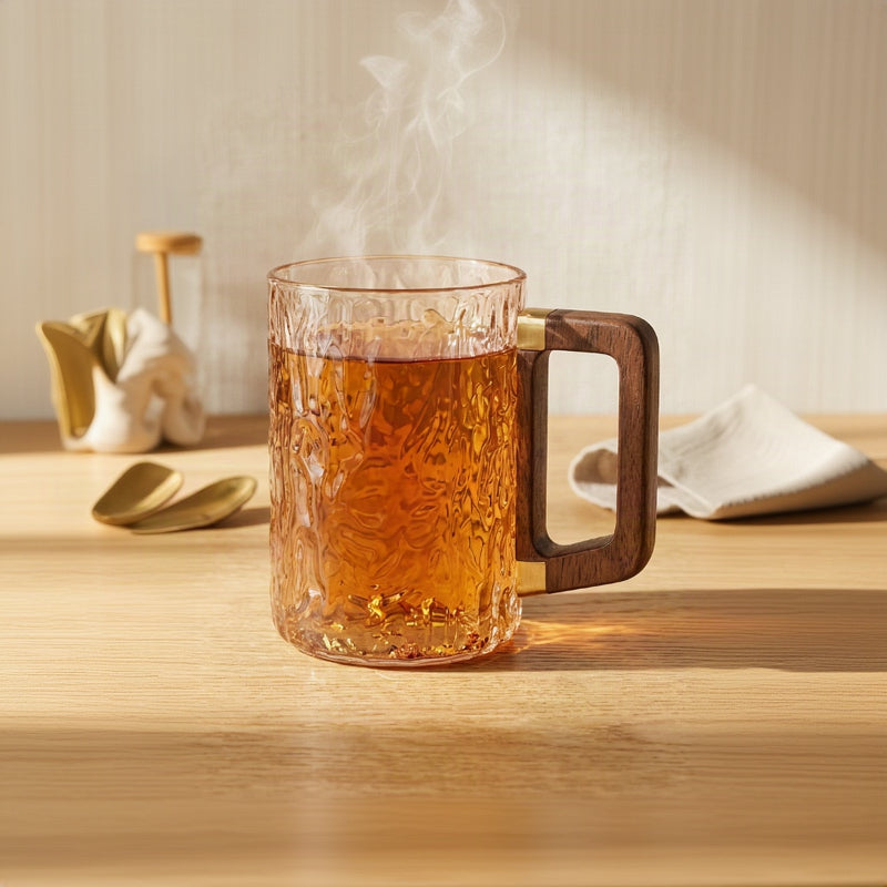 Textured Glass Coffee Mug with Wooden Handle (Smoky Black & Amber Gold)