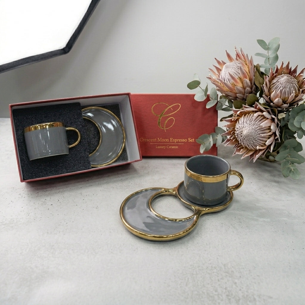 Elegant Ceramic Espresso Cup & Crescent Saucer Set with Gold Trim